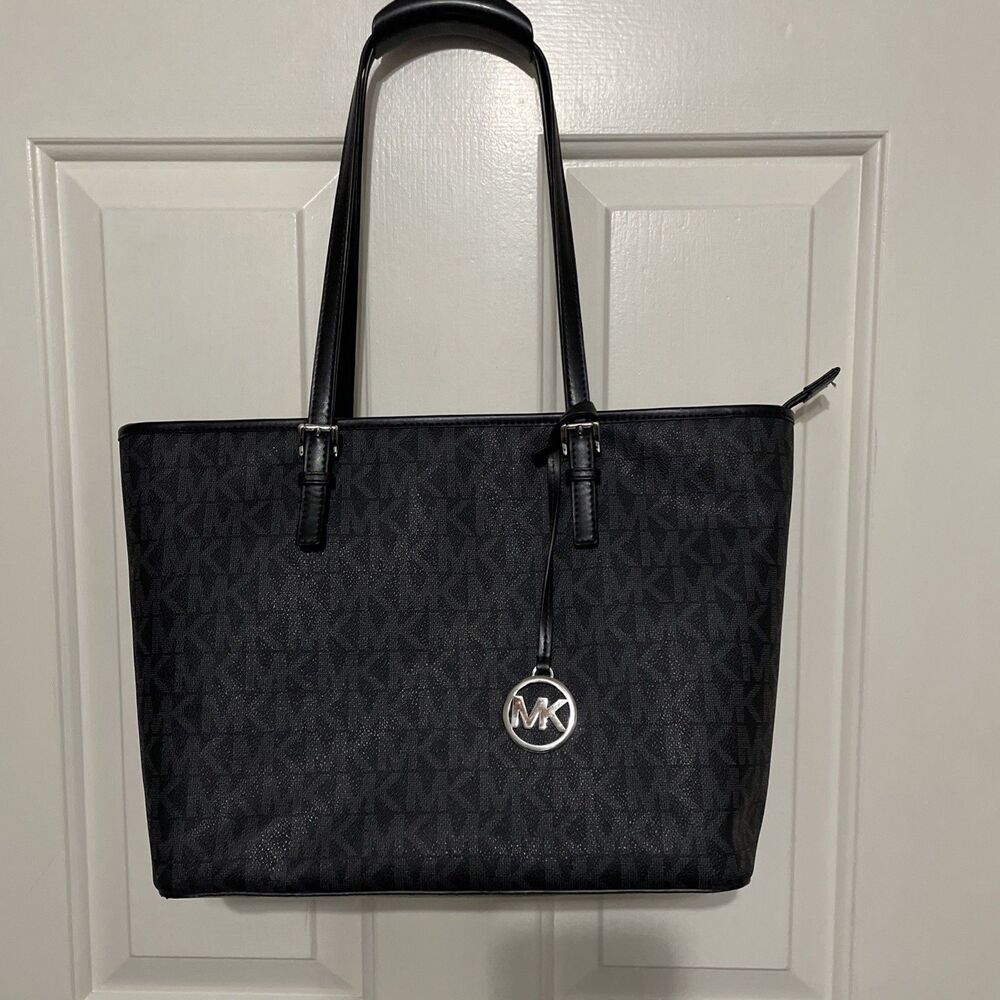 Michael Kors Jet Set Travel Large East West Tote Bag Black Monogram Tiny Flaw